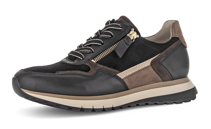 GABOR (HOLYWELL) - 76.378.67 - ZIP/LACE UP WEDGE TRAINER - Black/Gold/Whisky