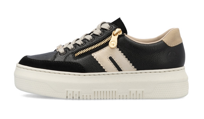 RIEKER - M1912-00 - LACE UP/ZIP SNEAKER TRAINER - Black/Beige