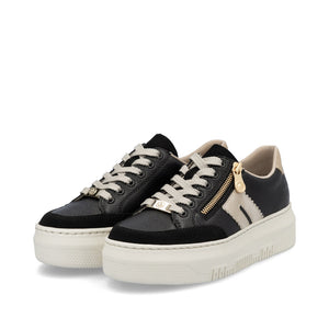 RIEKER - M1912-00 - LACE UP/ZIP SNEAKER TRAINER - Black/Beige