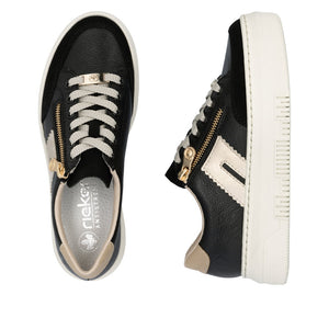 RIEKER - M1912-00 - LACE UP/ZIP SNEAKER TRAINER - Black/Beige